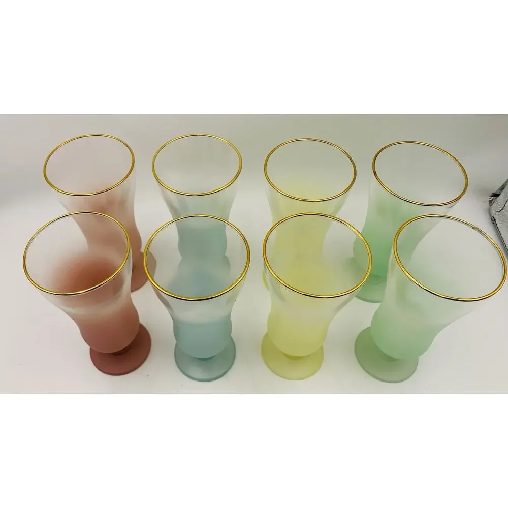 Vintage MCM Blendo Frosted Parfait Glasses Set of 8 Pastel Rainbow Gold Rim Foot